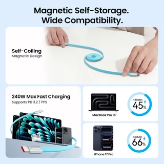 Vention 240W USB-C Magnetic Fast สายชาร์จ Self-Coiling สําหรับ Tangle-Free Storage Ultra-Slim 4.5 มม.เชื่อมต่อ E-Marker 480Mbps Data Transfer Braided สายทนทาน