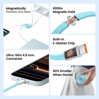 Vention 240W USB-C Magnetic Fast สายชาร์จ Self-Coiling สําหรับ Tangle-Free Storage Ultra-Slim 4.5 มม.เชื่อมต่อ E-Marker 480Mbps Data Transfer Braided สายทนทาน