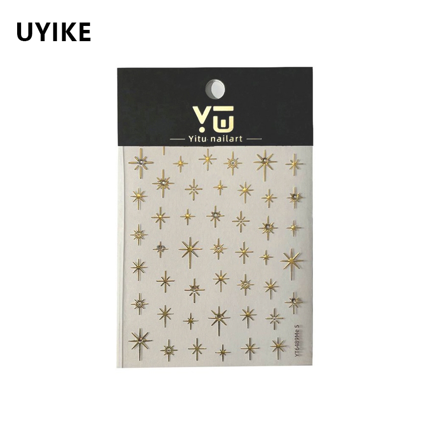 UYIKE สติ๊กเกอร์ติดเล็บสี่แฉกประกายนูน 3 มิติพร้อมคริสตัลเพชรและฟอยล์สีทอง, ขายส่งของ Viral อินเทรนด์ตกแต่งเล็บ