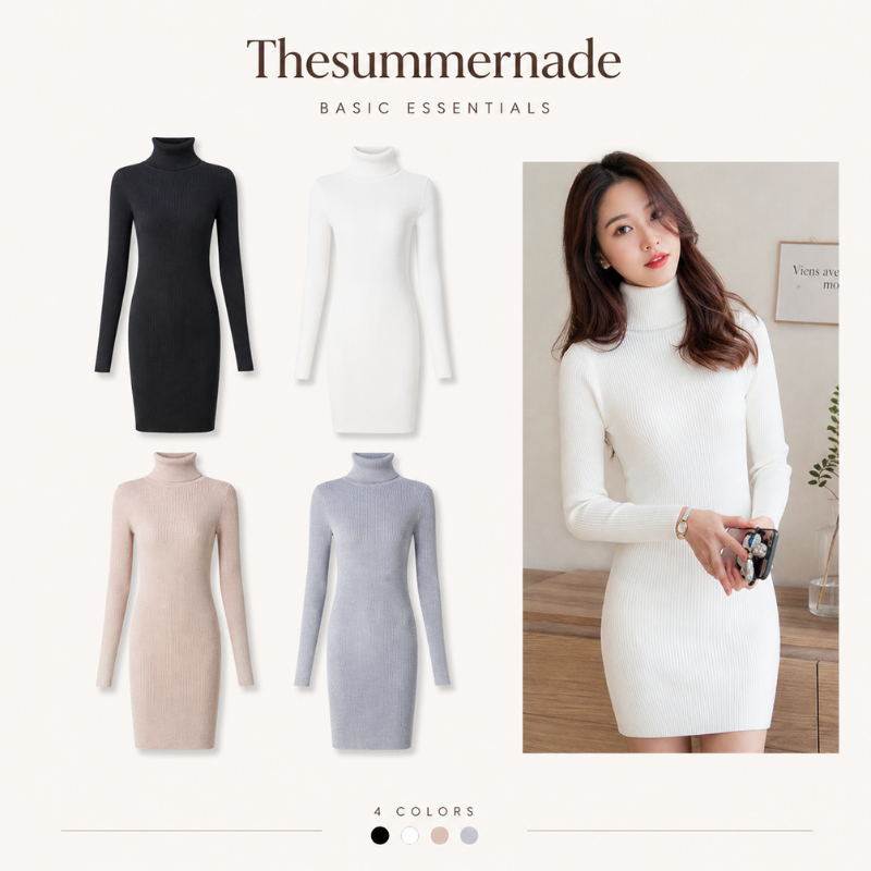 Thesummernade เดรสคอเต่า เดรสลายริบ ไหมพรม ทรงกระชับ แขนยาว sweater dress เดรสสไตล์เกาหลี เดรสผ้ายืด