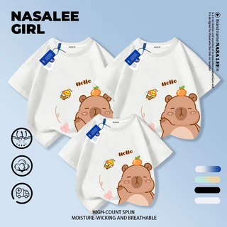 [จัดส่งในวันเดียวกัน] นาซ่า พ่อแม่และลูกสวมแสงสีฟ้าผ้าฝ้ายแท้ระบายอากาศคอกลมครอบครัวสามหลวมการ์ตูนน่ารักเสื้อยืด ลายกาปิบาระพิมพ์ครอบครัวพรรคเดินทางแขนสั
