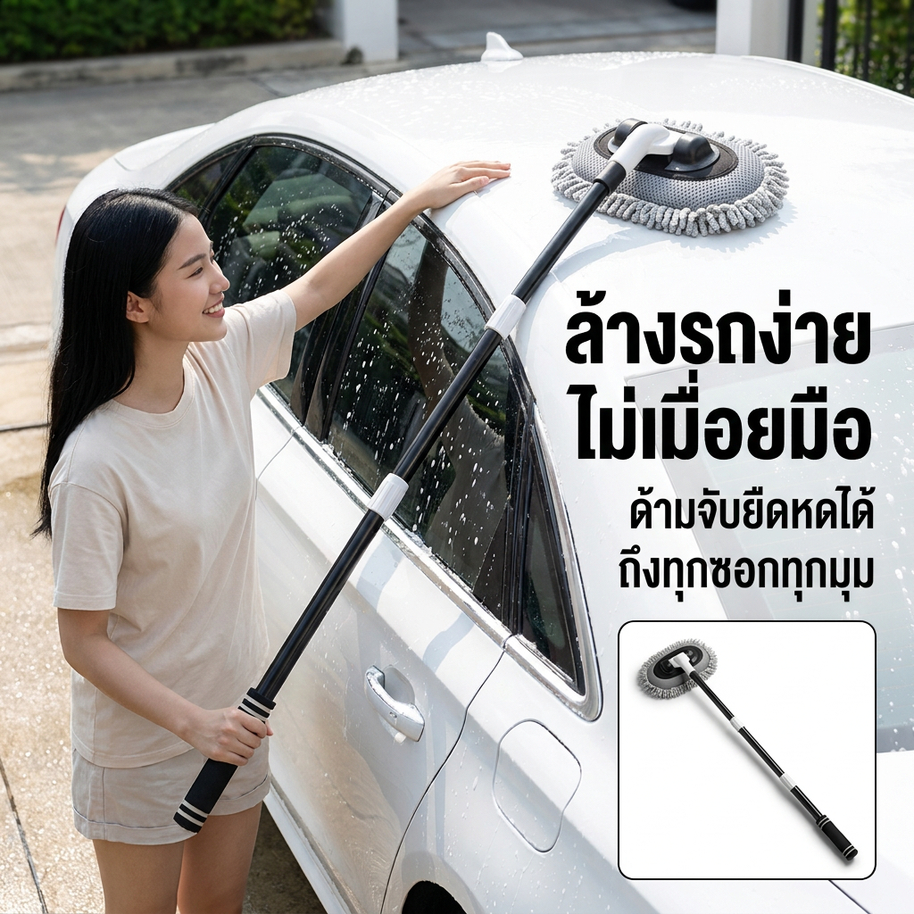 แปรงล้างรถด้ามยาว รุ่นอัปเกรด ตัวช่วยล้างรถ ขนนุ่มไม่ทำร้ายสีรถ ถูเบาๆ ก็สะอาด อุปกรณ์ทำความสะอาดรถยนต์ ประหยัดแรง