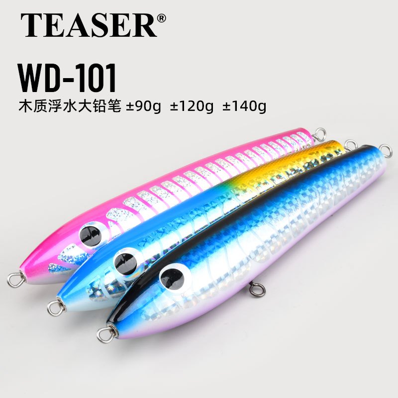 TEASER【WD101 】Handcrafted ไม้ Topwater ดินสอ Lure ±90g/120g/140g GT Popping เหยื่อน้ําเค็ม Big เกมตก