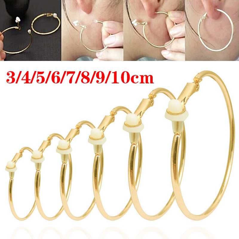 1 คู่ 3/4/6/7/8/9/10 ซม. Gold Plated Clip-On Hoop ต่างหู Non-Pierced วงกลมขนาดใหญ่หูคลิป