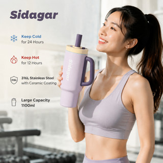 Sidagr 1100ML Ceramic Liner Vacuum Flask Hot And Cold Tumbler,Car Mountable Cup with Straw Handle
