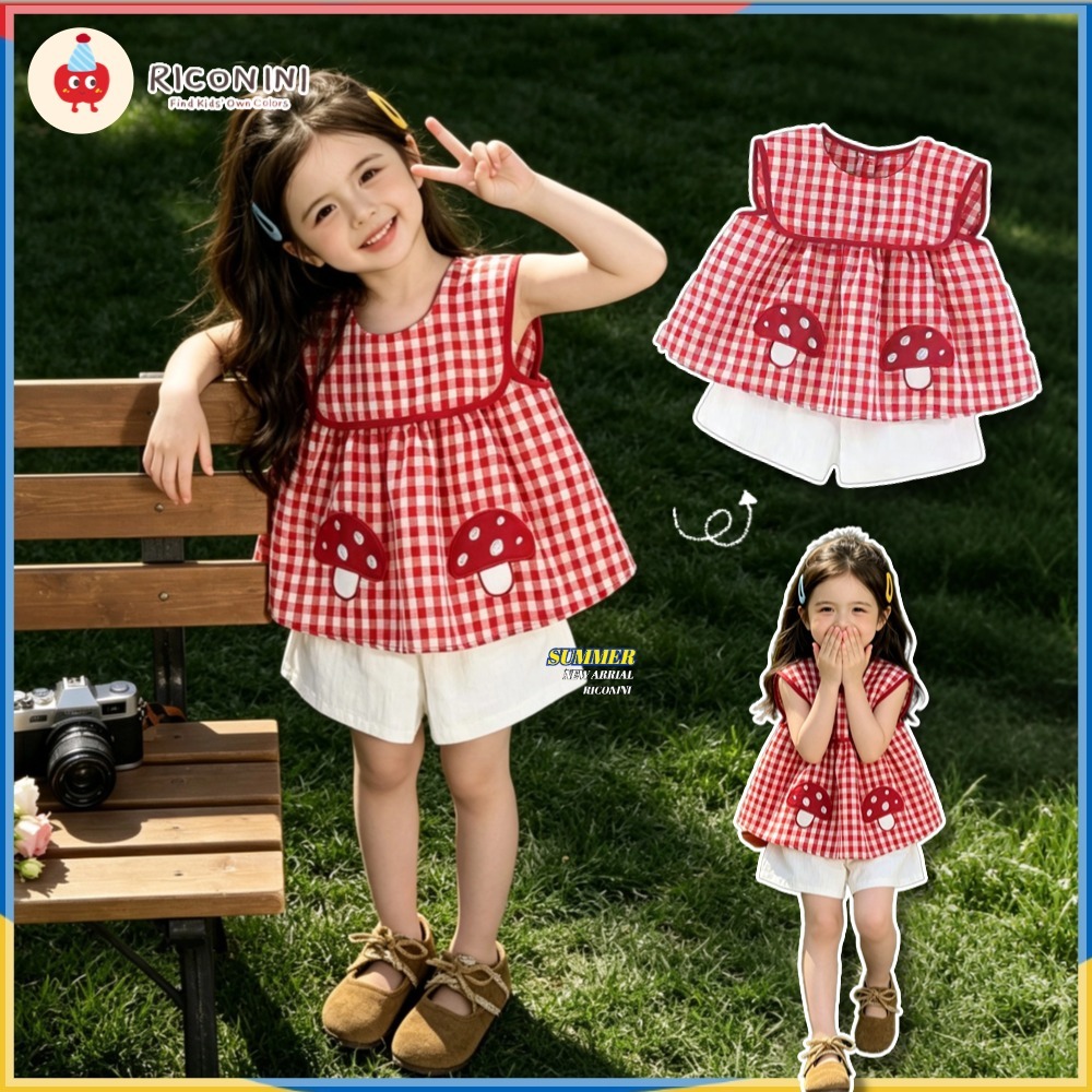 RICONINIGirl Mushroom Print Red grid pattern Doll Top + Shorts Cute Fashion Summer kids Outfit Set children Clothing