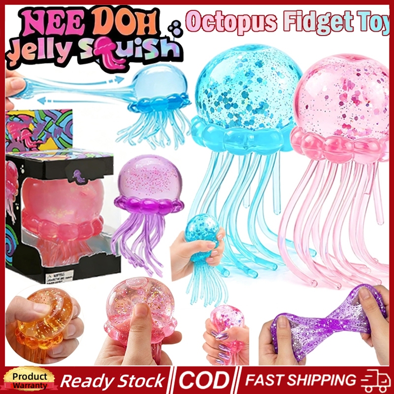 NeeDoh Jellyfish Stress Ball เยลลี่ปลาหมึกแมงกะพรุนน้ำตาลลูกบีบของเล่นสำหรับเด็กนักเรียนผู้ใหญ่