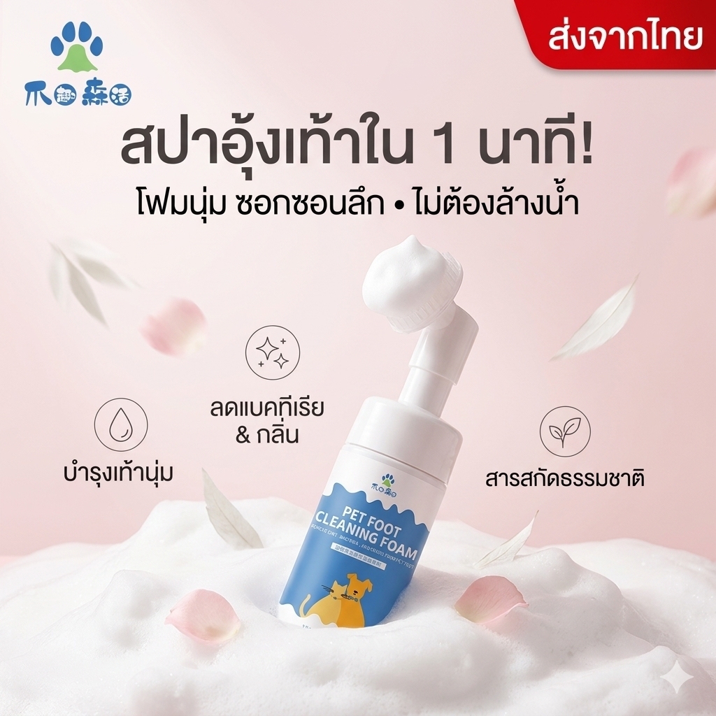 โฟมล้างเท้า หมาแมว ไม่ต้องล้างออก หัวแปรงซิลิโคนนุ่ม ยับยั้งแบคทีเรีย ดับกลิ่น บำรุงอุ้งเท้า ธรรมชาติ เลียได้ ปลอดภัย 150ml