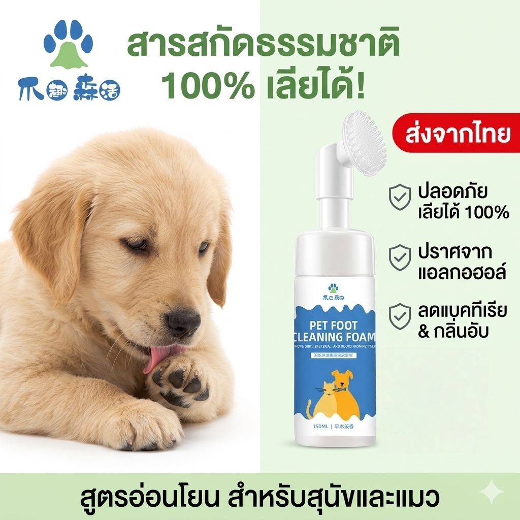 มูสเช็ดเท้าสุนัข แมว ฆ่าเชื้อแบคทีเรีย ลดอาการคัน แก้เท้าเหม็น หัวแปรงซิลิโคน ไม่ต้องล้างออก แห้งไว