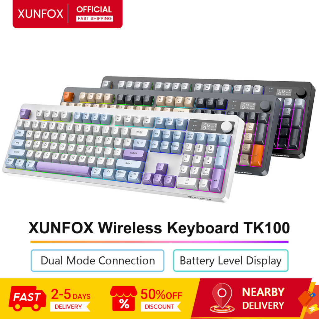 XUNFOX คีย์บอร์ดไร้สาย TK100 การเชื่อมต่อโหมดคู่ จอแสดงผลระดับแบตเตอรี่ 2000mAh แบตเตอรี่ คีย์บอร์ดโหมดคู่ คีย์บอร์ดบลูทูธ