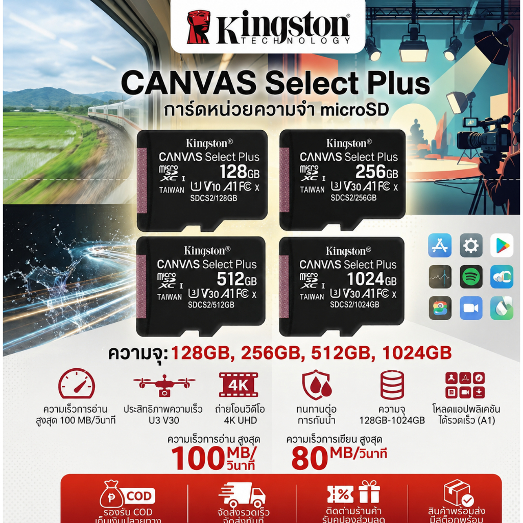 Kingston Canvas Select Plus MicroSDXC 150MB/s Class10 128GB 256GB 512GB 1TB ส่งจากไทย