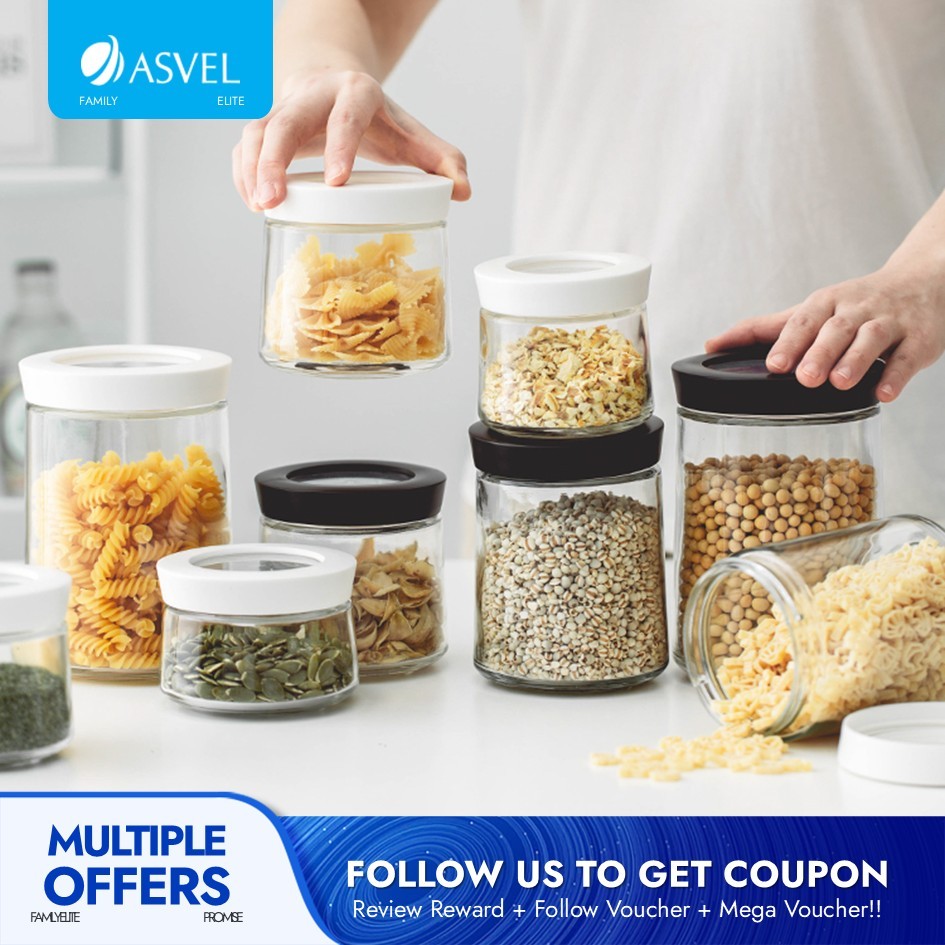Asvel โหลแก้วใส ปากกว้าง พร้อมฝาปิด สําหรับขนม คุกกี้ น้ําตาล แป้ง พาสต้า ถั่ว และผลไม้