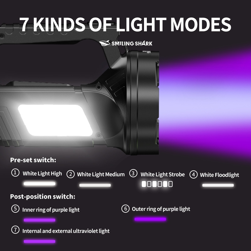 SMILING SHARK ST5231 LED ไฟฉาย Lumen แสง UV 365nm แสงสีม่วงค้นหา 7 โหมด COB ไฟด้านข้าง Type-c ชาร์จกันน้ํากลางแจ้ง — صورة 5