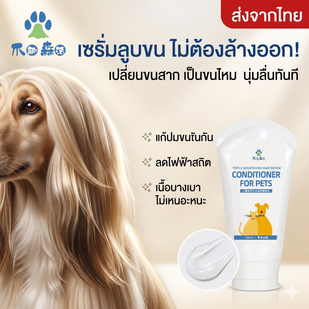 ครีมนวดขนสุนัข แมว (ไม่ต้องล้างออก) แก้ขนพันกัน ลดไฟฟ้าสถิต หวีง่าย ขนนุ่มลื่น เลียปลอดภัย ล็อคสีขน
