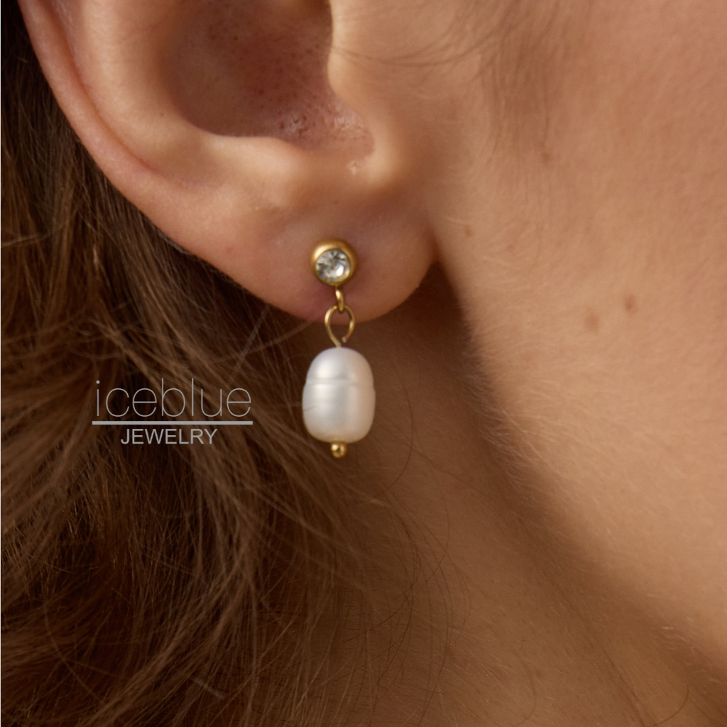 iceblue-ธรรมชาติไข่มุกน้ําจืดเพชรต่างหู 18K Gold Plated 316L สแตนเลสกันน้ํา Non Tarnish Hypoallergenic เครื่องประดับสําหรับผู้หญิง E12 E38