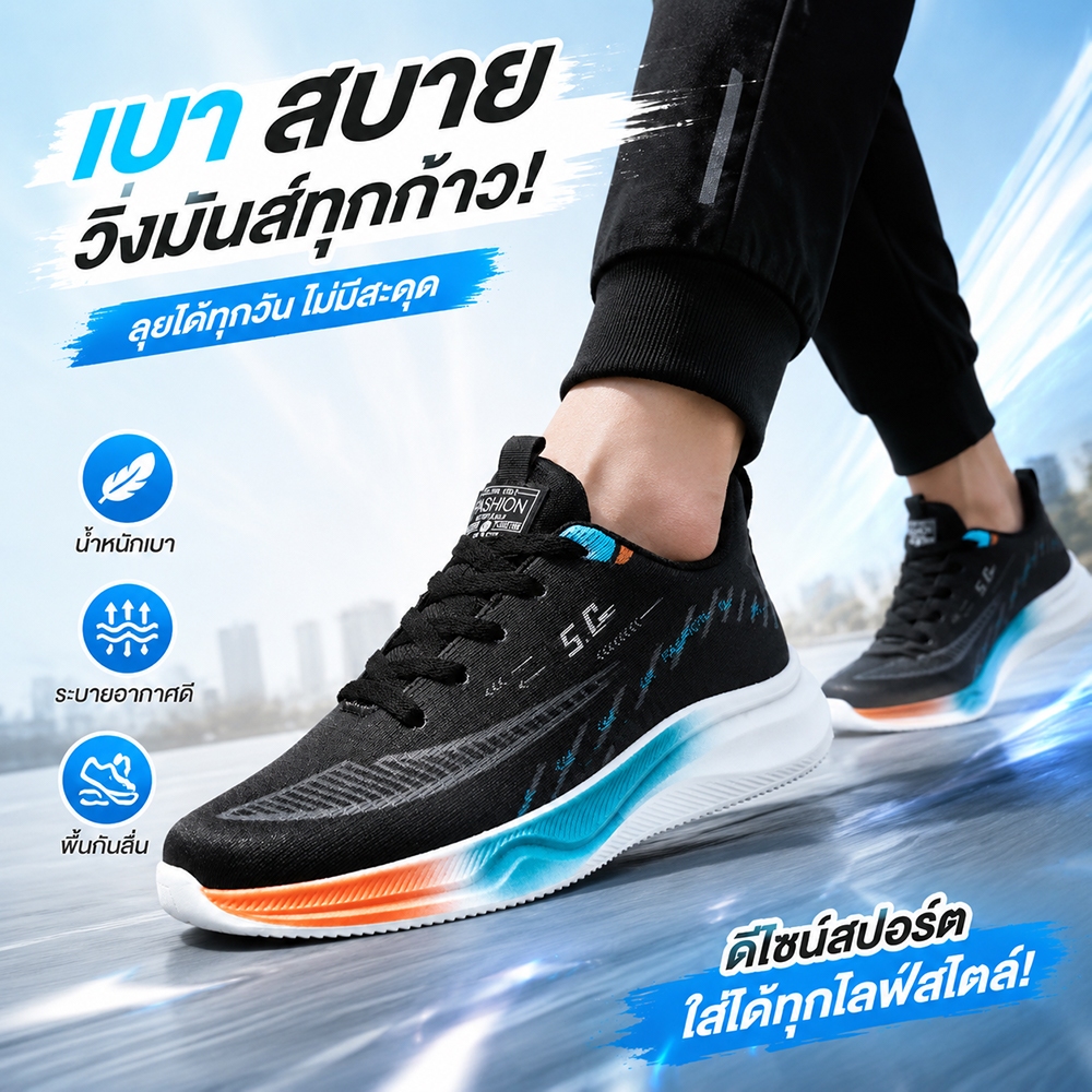 รองเท้าผ้าใบพื้นรองเท้ายางนุ่ม กันลื่น ระบายอากาศได้ดี 39-44