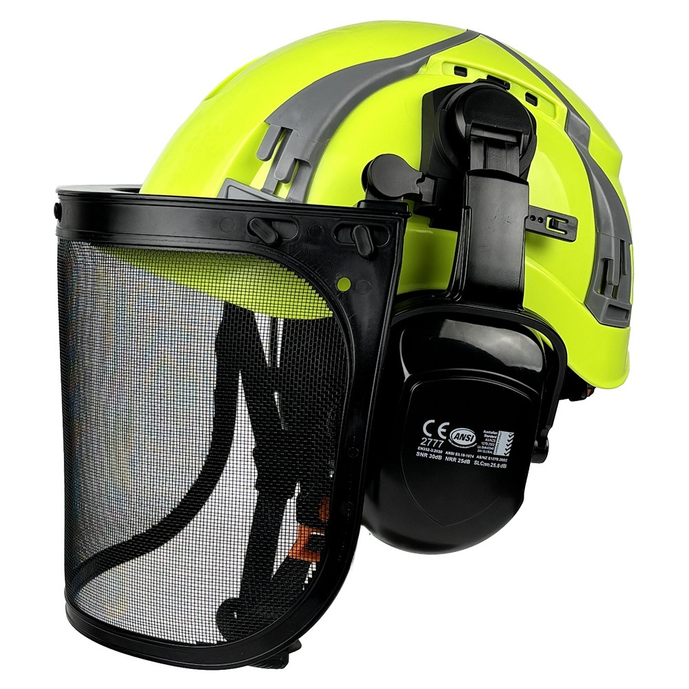 CE Forestry หมวกนิรภัย 3 ใน 1 Chainsaw Hard หมวกตาข่าย Face Shield หู Muffs Arborist Logging แปรงเครื่องตัด ABS หมวกป้องกัน