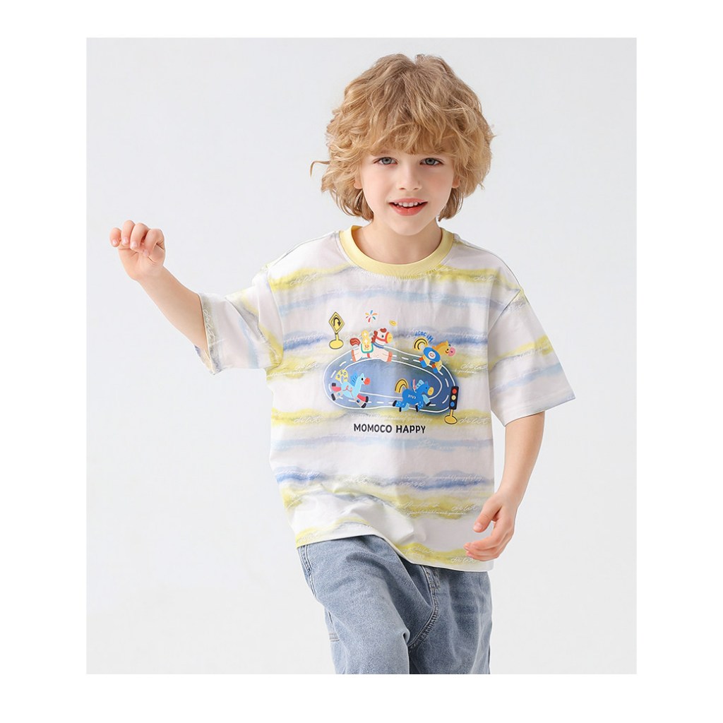 MOMOCO/Boys เสื้อยืดแขนสั้น 2026 ฤดูร้อนสไตล์ใหม่กลางเด็กใหญ่ Rainbow Stripes ผ้าฝ้ายแท้สั้น T