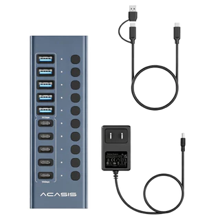 ACASIS 10 พอร์ต 10Gpbs USB3.2 Hub 5 * USB-A & 5 * ประเภท C 3.2 HUB สนับสนุน BC1.2 ชาร์จ 12V4A อะแดปเตอร์อลูมิเนียม Type-C Splitter สําหรับ Macbook อุปกรณ์เสริมเดสก์ท็อป
