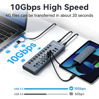 ACASIS 10 พอร์ต 10Gpbs USB3.2 Hub 5 * USB-A & 5 * ประเภท C 3.2 HUB สนับสนุน BC1.2 ชาร์จ 12V4A อะแดปเตอร์อลูมิเนียม Type-C Splitter สําหรับ Macbook อุปกรณ์เสริมเดสก์ท็อป