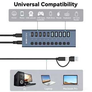 ACASIS 10 พอร์ต 10Gpbs USB3.2 Hub 5 * USB-A & 5 * ประเภท C 3.2 HUB สนับสนุน BC1.2 ชาร์จ 12V4A อะแดปเตอร์อลูมิเนียม Type-C Splitter สําหรับ Macbook อุปกรณ์เสริมเดสก์ท็อป