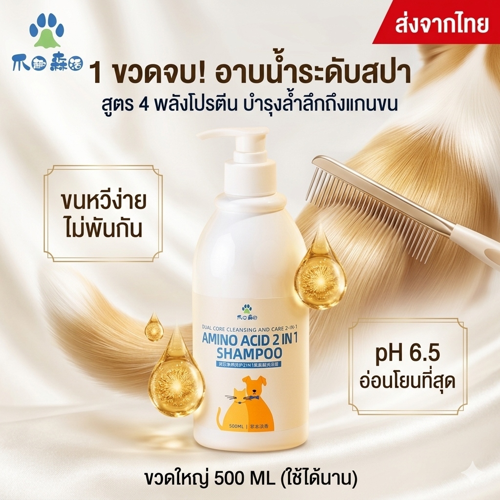 แชมพูสุนัข แมว 2 in 1 ผสมครีมนวดขน สูตร Amino Acid ผิวแพ้ง่าย ลดขนพันกัน กำจัดเห็บหมัดไร ขนสวยเงางาม