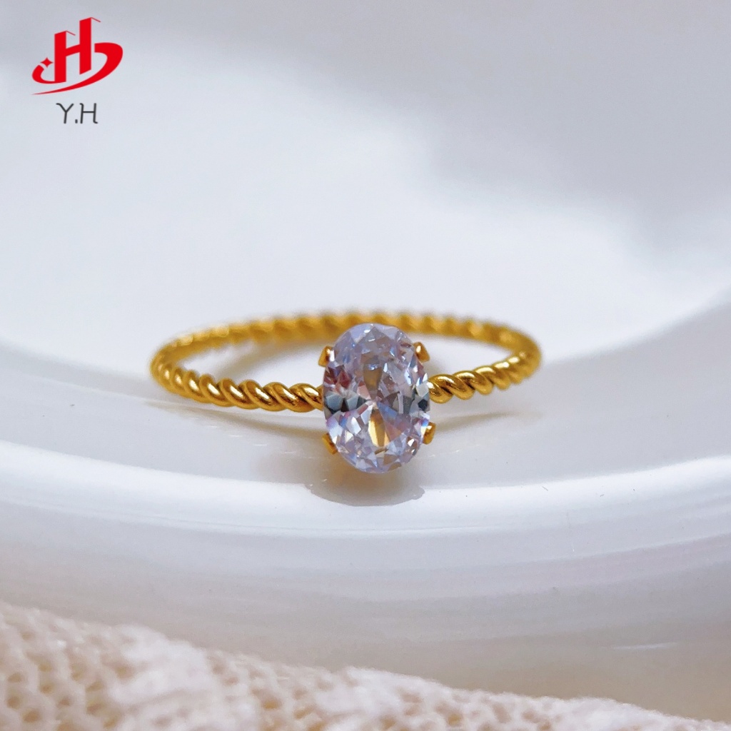 ⭐Y.H⭐ ไข่นกพิราบ  วงรี  เพชร  18K  แหวนสแตนเลส