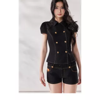 เวอร์ชั่นเกาหลีฤดูร้อนสไตล์ใหม่ Street อินเทรนด์สีดํา Denim ชุดผู้หญิง Slimmer ดู Double-Breasted ปกแขนสั้น + เอวสูงกางเกงขาสั้นตรงสอง @