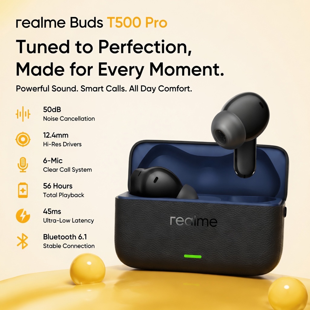 Realme T500 Pro หูฟัง ANC 50dB เสียงความละเอียดสูง LHDC 5.0 บลูทูธ 6.1 56H แบตเตอรี่สําหรับเล่นเกม L