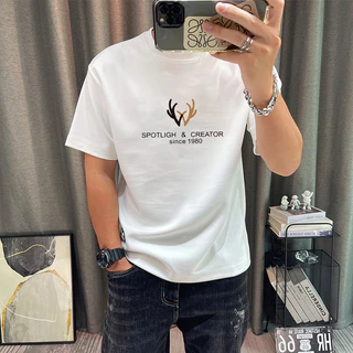 เสื้อยืดผู้ชายแขนสั้นสไตล์แฟชั่นหลวม ลายเขากวางอเมริกันเท่ๆ สีดำสุดเจ๋ง