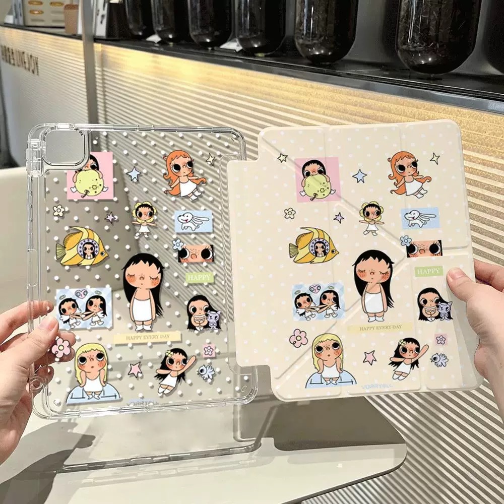 สาวการ์ตูนพิมพ์ Y-Fold iPad Case ฝาหลังโปร่งใสสูงพร้อมที่ใส่ดินสอสําหรับ iPad 11th Gen(A16)) Air 7/8 Pro 11 Mini 6/7