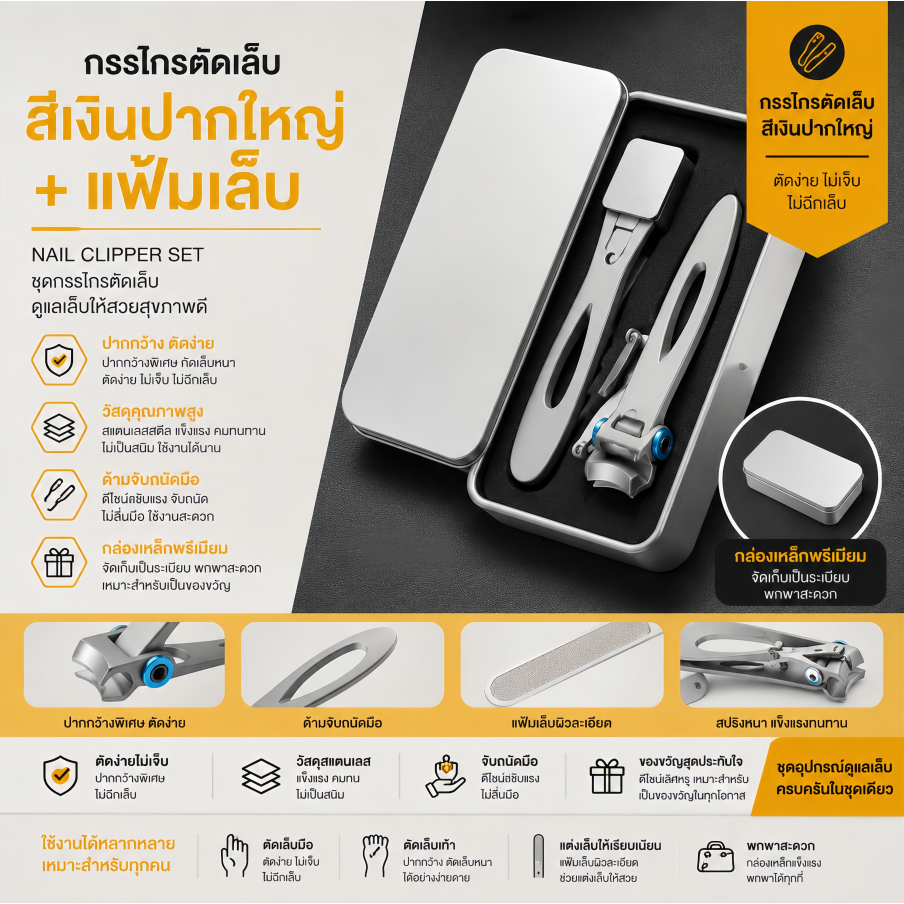 ANNIES กรรไกรตัดเล็บเฉพาะแต่งเล็บขนาดใหญ่เปิดสแตนเลสพับได้เครื่องมือทําเล็บป้องกันน้ํากระเซ็น