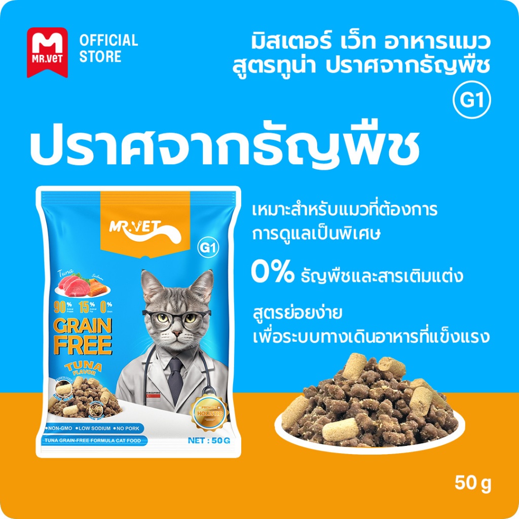 MR.Vet อาหารแมวฟรีซดราย G1 50g Tuna Cat อาหารแห้ง Grain Free โปรตีน 32% ไขมัน 15%