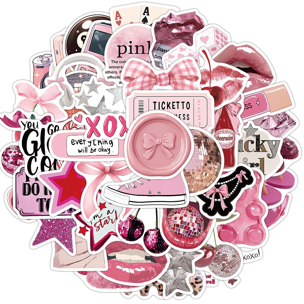 [สติ๊กเกอร์ขนาดใหญ่] 50 ชิ้น Y2K สีชมพู Downtown สติกเกอร์กีตาร์ตกแต่งกระเป๋าเดินทางโน๊ตบุ๊คแล็ปท็อปโทรศัพท์สมุดภาพขวด DIY กันน้ําเครื่องเขียนสติกเกอร์
