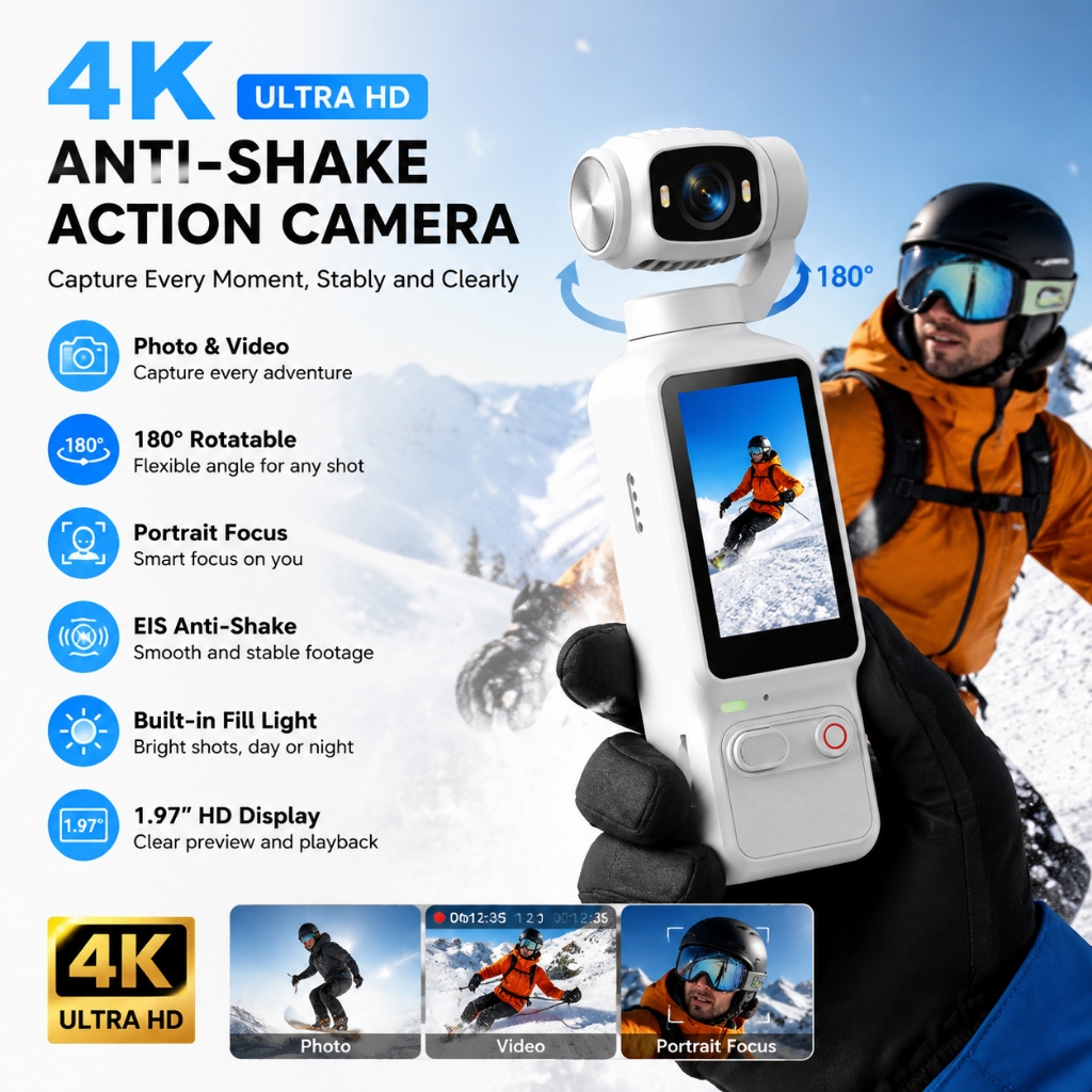 กล้องแอคชั่นแคมเมรากระเป๋า 4K HD พร้อม 180° เดรดล็อกส์ หมุนได้ กล้อง วิดีโอบล็อก กันสั่น พร้อมเติมแสง หน้าจอ 1.97" พิมพ์-ค สําหรับเดินทาง/กลางแจ้ง/ยิงบุคคลแรก