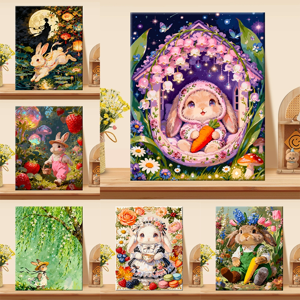 ระบายสีตามตัวเลข / ศิลปะผนัง / ภาพวาดผ้าใบ / ตกแต่งห้องนั่งเล่น / ตกแต่งบ้าน / วอลล์เปเปอร์ / กระต่ายน่ารัก