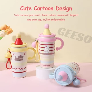 GEESO แก้วน้ําเก็บอุณหภูมิ 500ml สแตนเลส 316 ลายการ์ตูน มีหลอดดูด มีหูจับ สําหรับเด็ก พกพา Cold Hot Insulation Water Cup With Straw Handle For Kids ลายการ์ตูน มินิ 迷你冰霸杯