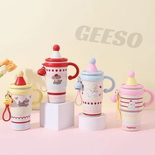 GEESO แก้วน้ําเก็บอุณหภูมิ 500ml สแตนเลส 316 ลายการ์ตูน มีหลอดดูด มีหูจับ สําหรับเด็ก พกพา Cold Hot Insulation Water Cup With Straw Handle For Kids ลายการ์ตูน มินิ 迷你冰霸杯