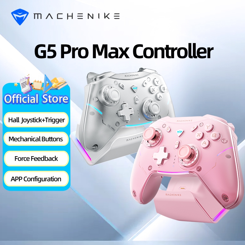 จอยเกมไร้สาย Machenike G5 Pro Max พร้อมแท่นชาร์จ จอยสติ๊กแบบ Hall Effect ไกปืนแบบ Hall Effect ไฟแบ็คไลท์ RGB การเชื่อมต่อแบบสามโหมด Bluetooth/2.4GHz/มีสาย สีชมพู