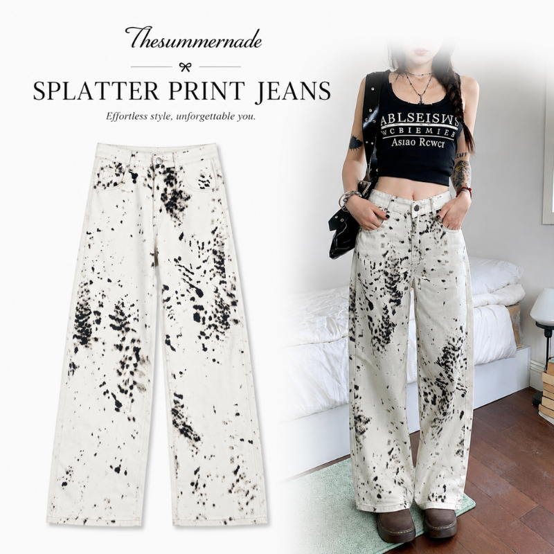 Thesummernade Freckle Jeans ​พร้อมส่ง กางเกงขายาวเอวสูง มินิมอล ลายงูสีครีม เท่ไม่ซ้ำใคร