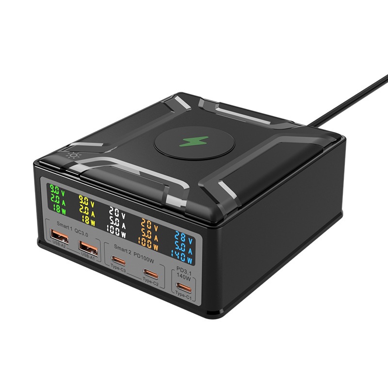 GaN แท่นชาร์จจอแสดงผลอัจฉริยะ 260W PD3.1 140W Qi 15W Wireless Charger 3 Type-C 2 USB-A สําหรับอุปกรณ