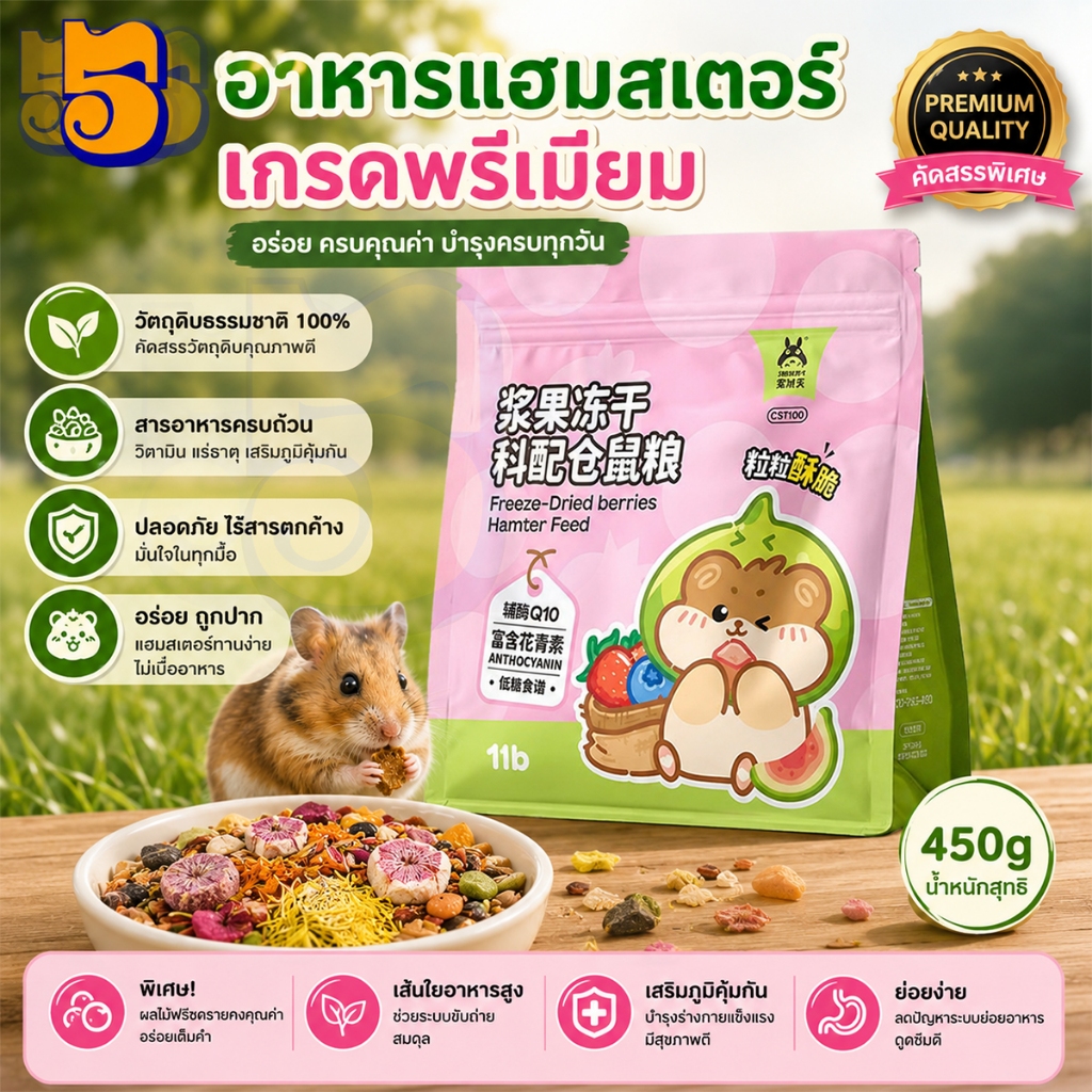555PET อาหารหนูแฮมสเตอร์ สูตรพรีเมียม ธรรมชาติ 100% โภชนาการครบถ้วน 450g