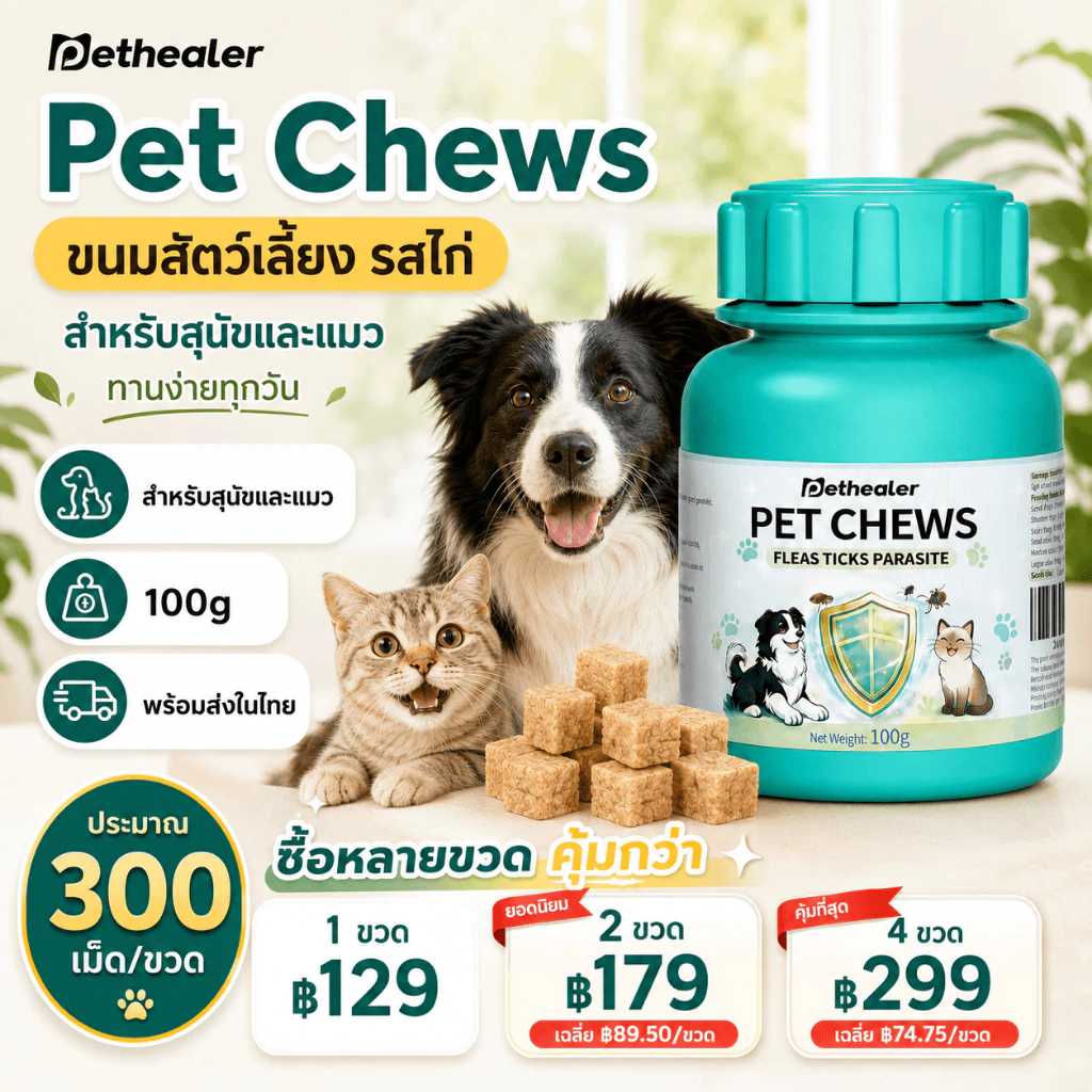 Pethealer ขนมเนื้อไก่สุนัขและแมว เคี้ยวง่าย ดูแลสุขภาพลำไส้