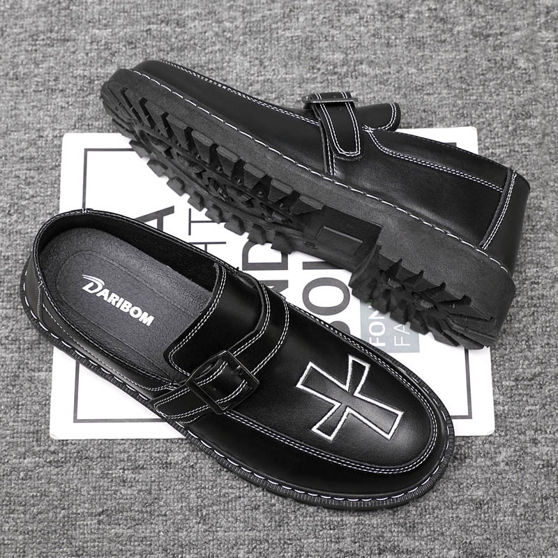แฟชั่นเก าหลีรองเท้า หนังสีดำสำ หรับผู้ชาย Slip-On Business รองเท้าหนังสบาย ๆ # D97