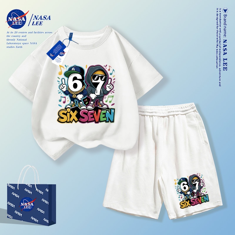 【ส่งออกวันนี้】ชุดเซต NASA สีขาว ผ้าคอตตอนนุ่ม ไม่ระคายเคืองผิว ลาย SixSeven ชุดหมี+กางเกงขาสั้น Unisex
