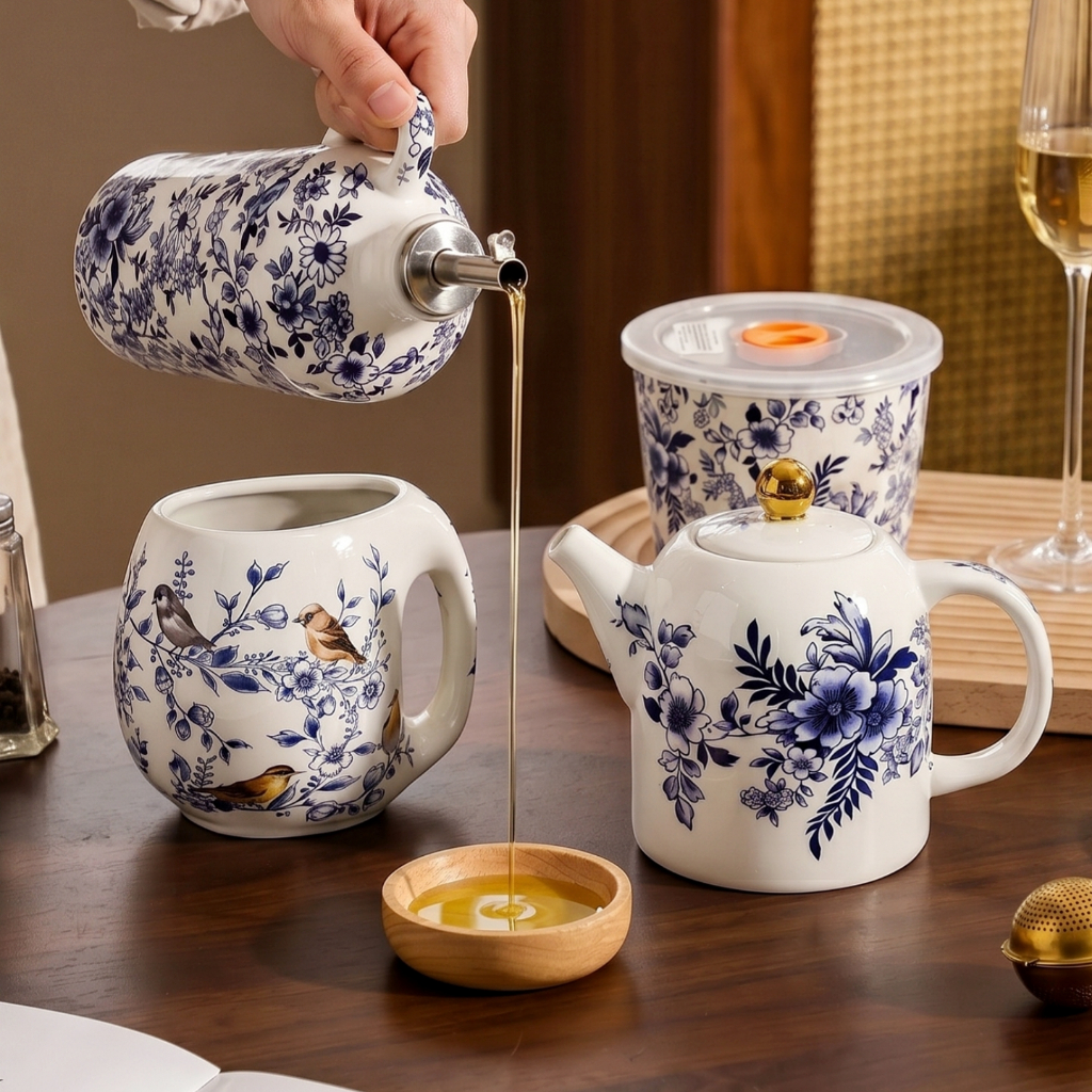 HongDian เซรามิกลายคลาสสิกสีฟ้า ceramic dinnerware mug oil vinegar bottle sake teapot ชุดจานถ้วยเซรามิกกาน้ำชาน้ำมันน้ำส้มสายน้ำส้มน้ำส้อง คุณภาพสูง men dưới ทนรอยขีดข่วน ไม่ลอกสี ล้างง่าย ใช้ไมโครเวฟ เตาอบ เครื่องล้างจาน ตู้ฆ่าเชื้อ phong cáchจีนโบราณ