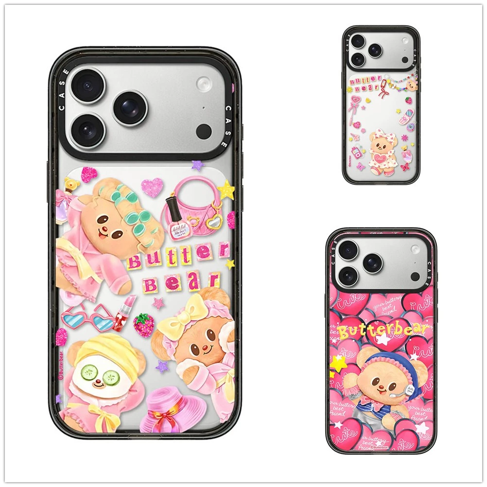 สําหรับ iPhone 17 16 15 14 13 Pro Max Plus Heart Butter Bear สติกเกอร์อะคริลิค Hard PC ฝาหลังกรณี