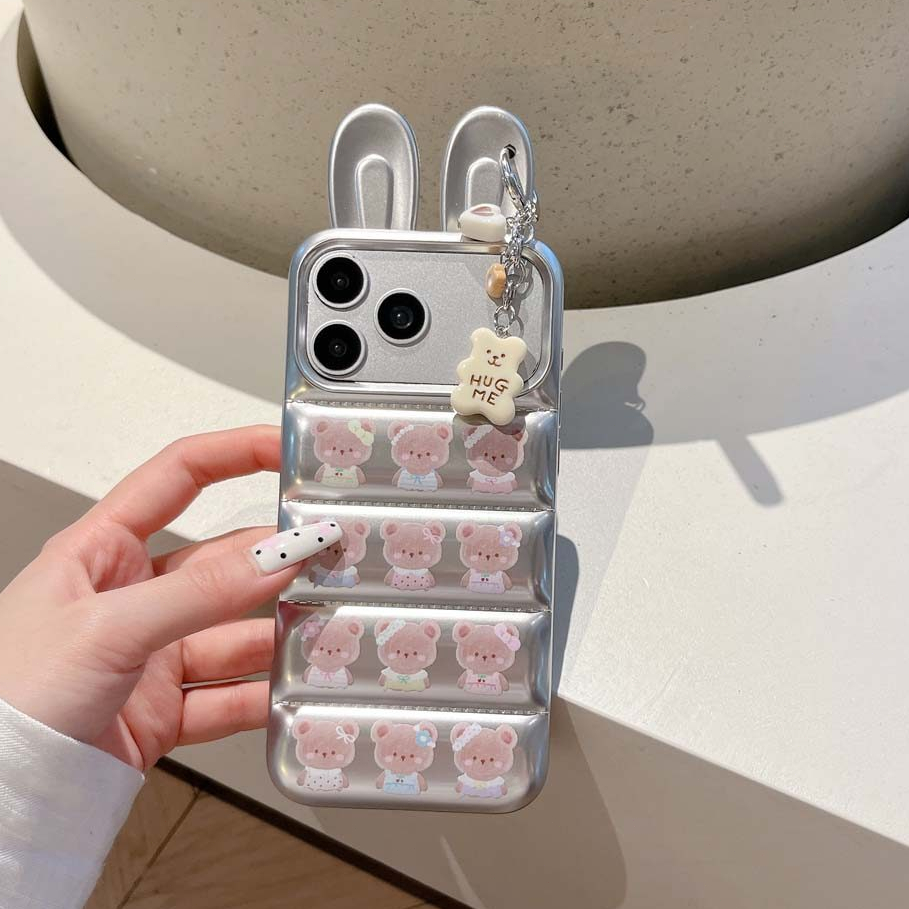 เคสโทรศัพท์หูกระต่ายลายหมีน่ารักเข้ากันได้สําหรับ iPhone 17ProMax 16ProMax 15ProMax