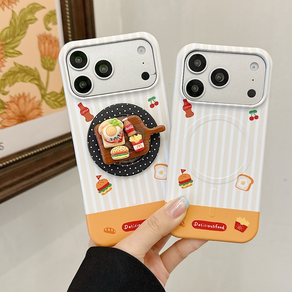เคสไอโฟน iPhone Fun Fast Food Bracket & cherry ฝาครอบฟิล์มพร้อมแหวนแม่เหล็กขาตั้งสําหรับ iPhone 17Pr