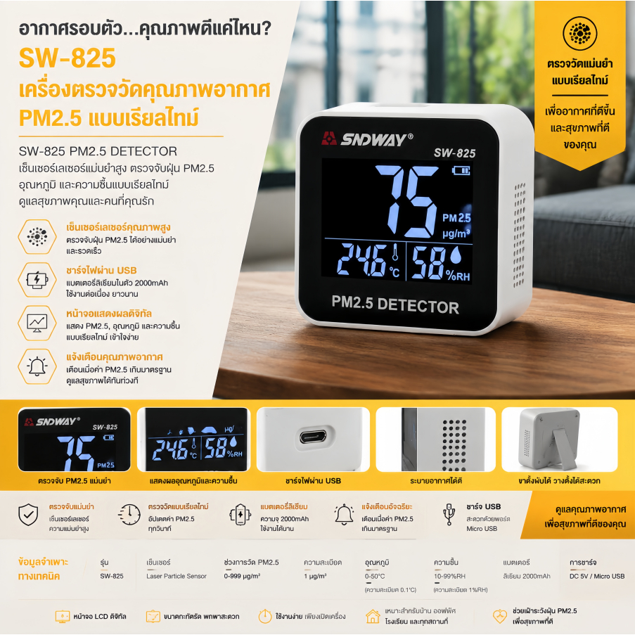 แท้100% สินค้าพร้อมส่งจากไทย SNDWAY รุ่น SW-825 เครื่องวัดฝุ่น PM2.5 วัดความชืน ในอากาศ
